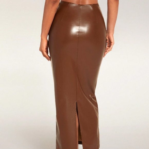 Coffee Brown Preppy Womens High Waist PU Leather Pencil Skirt - Picture 2 of 5